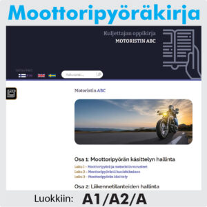 Finnish motorcycle guide page titled 'Moottoripyöräkirja' with a dark header, a photo of a motorcycle on a road, and section headings like 'Osa 1: Moottoripyörän käsittelyn hallinta' and 'Osa 2: Liikennetilanteiden hallinta'