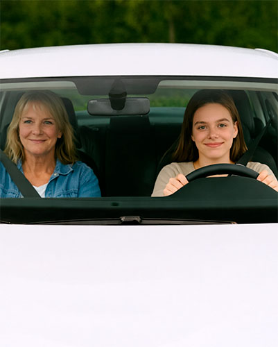 Opetuslupaoppilas ja opettaja autossa