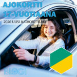 Teenage girl driving a car, smiling at the wheel with Finnish headline about getting a driver’s license at 17 under the 2026 law.