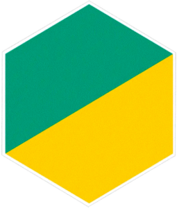 Hexagonal shape with two diagonal halves: green on the top-left and yellow on the bottom-right.