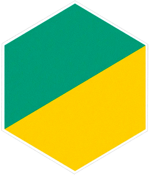 Hexagonal shape with two diagonal halves: green on the top-left and yellow on the bottom-right.